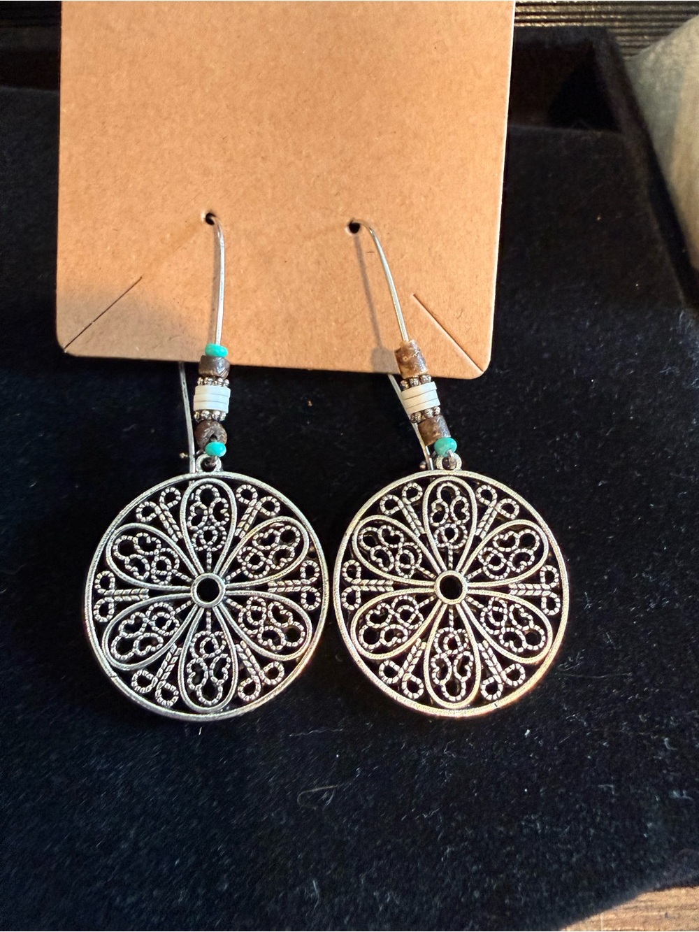 Bohemian Filigree Circle Drop Earrings in Silver with Turquoise Accents